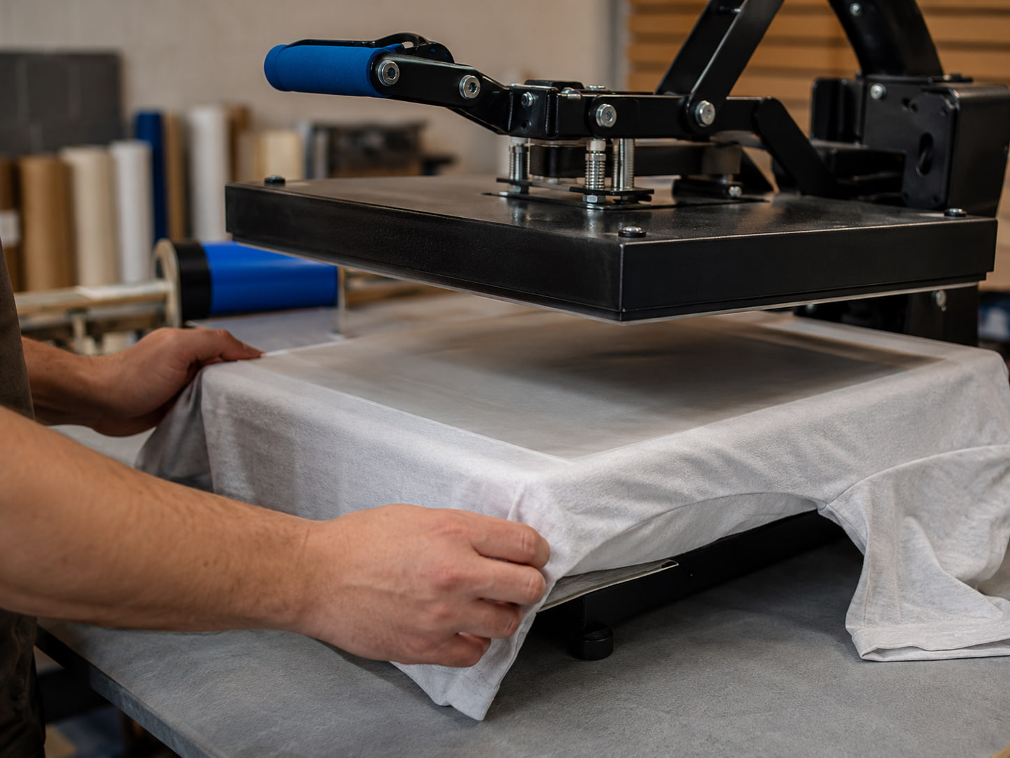 Transferfolie wird präzise auf ein Textil gepresst